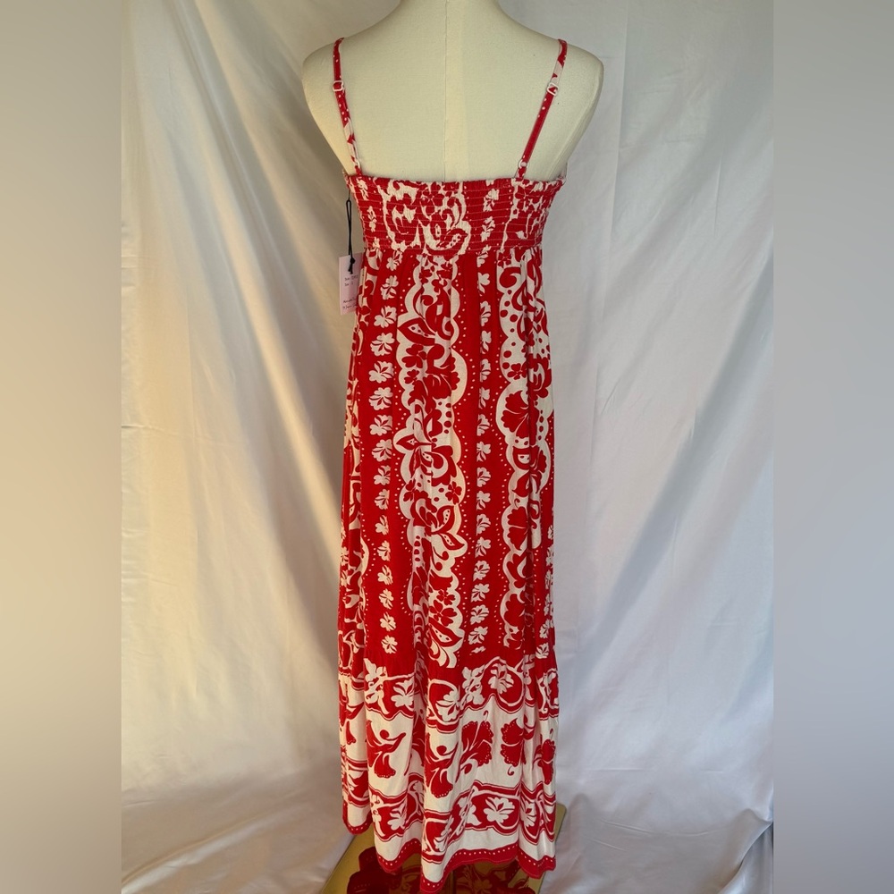 Nwt Japna Tropical Floral Maxi Dress - Small Red/White Smocked Cotton Blend - Picture 4 of 7
